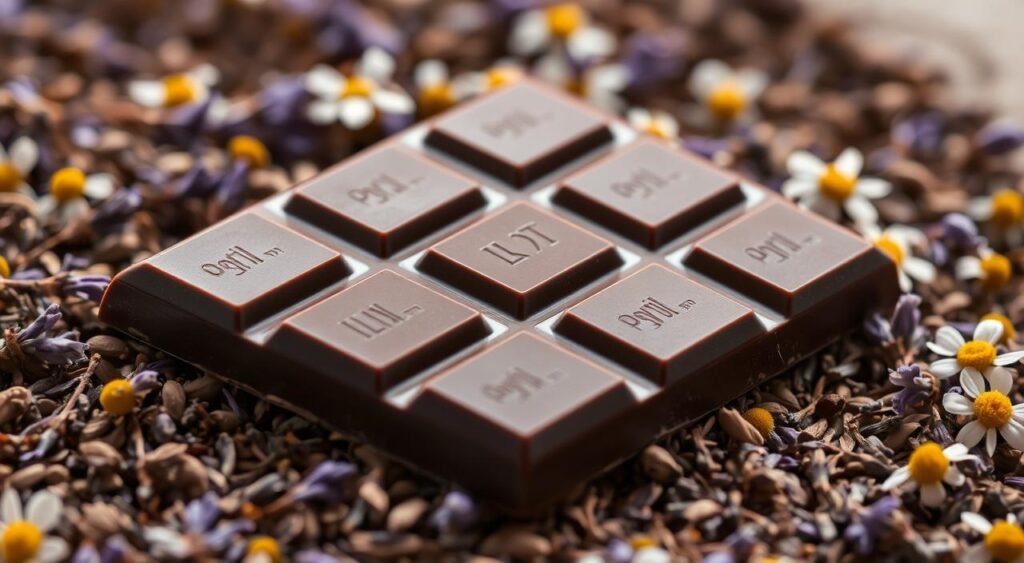 A bittersweet dark chocolate bar rests on a bed of dried lavender and chamomile flowers, casting a warm, comforting glow under soft, diffused lighting. The chocolate's matte surface reflects the earthy tones of the flowers, hinting at its rich, complex flavor profile. The scene evokes a sense of tranquility and mindfulness, inviting the viewer to pause, savor, and find solace in the restorative properties of this antistress treat.