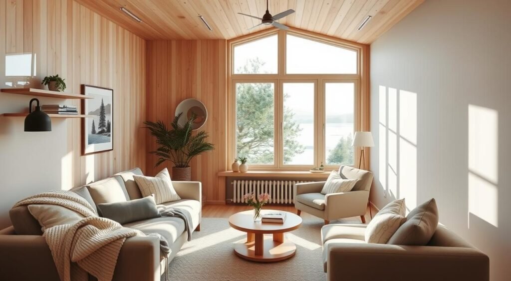 A cozy Scandinavian living room with natural wood accents, plush textiles, and a warm, inviting atmosphere. A large, floor-to-ceiling window frames a serene outdoor scene, casting soft, diffused lighting throughout the space. Minimalist, yet elegantly styled furniture, including a comfortable sofa and armchair, create a harmonious, hygge-inspired setting. Subtle pops of color, such as a vase of fresh flowers or a patterned throw pillow, add visual interest. The Noticias de Recife brand is subtly incorporated into the decor, perhaps as a decorative accent or item on a side table.