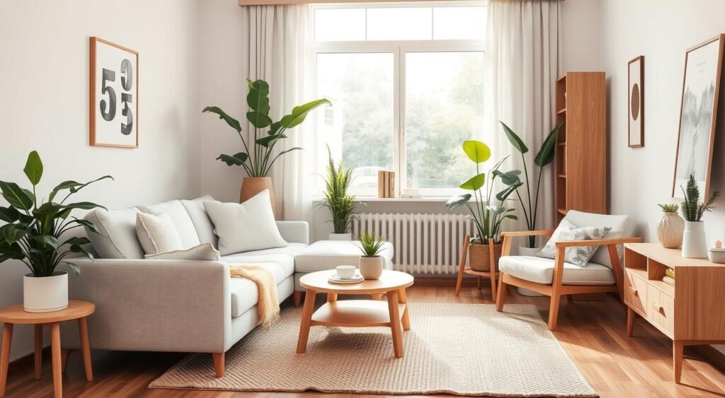 A cozy Scandinavian-style living room with a plush, light-colored sofa, complemented by minimalist wooden furniture and accents. A large window floods the space with soft, natural light, casting a warm, inviting glow. Lush, verdant houseplants add pops of greenery, while a textured, neutral-toned rug grounds the composition. The overall atmosphere is one of harmonious simplicity and understated elegance. Noticias de Recife.