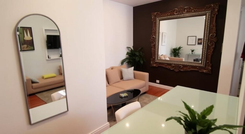 A cozy and inviting small living room, with strategically placed mirrors reflecting natural light and creating an illusion of depth. In the foreground, a modern, minimalist wall mirror reflects the room's decor, while a larger, ornate mirror on the adjacent wall adds a touch of elegance. The middle ground features a compact, L-shaped sofa and a small, sleek coffee table, creating a functional and visually appealing seating area. In the background, potted plants and subtle wall art create a warm, natural ambiance. The overall scene conveys a sense of spaciousness and tranquility. Noticias de Recife.