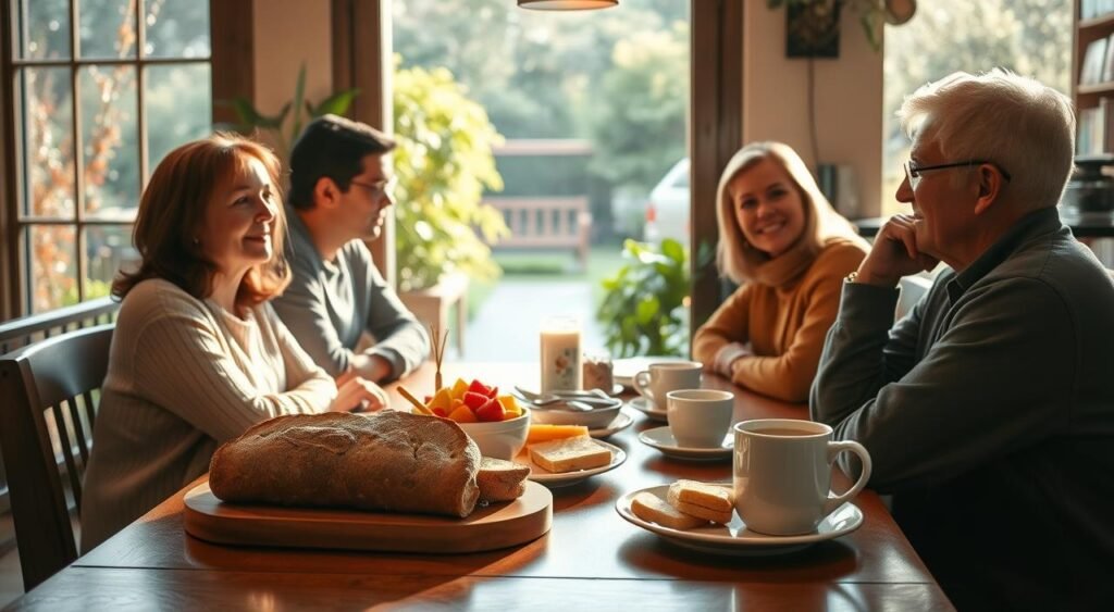 A cozy and welcoming café scene, bathed in warm morning light. On the wooden table, a hearty breakfast spread with fresh bread, fruit, and a steaming cup of coffee. Through the window, a serene garden comes into view, evoking a sense of tranquility. The atmosphere is calming and conducive to mindful reflection, as the patrons engage in thoughtful conversation, their expressions serene and content. The overall mood is one of nourishment, both physical and mental, reflecting the importance of a balanced breakfast for maintaining good mental health.