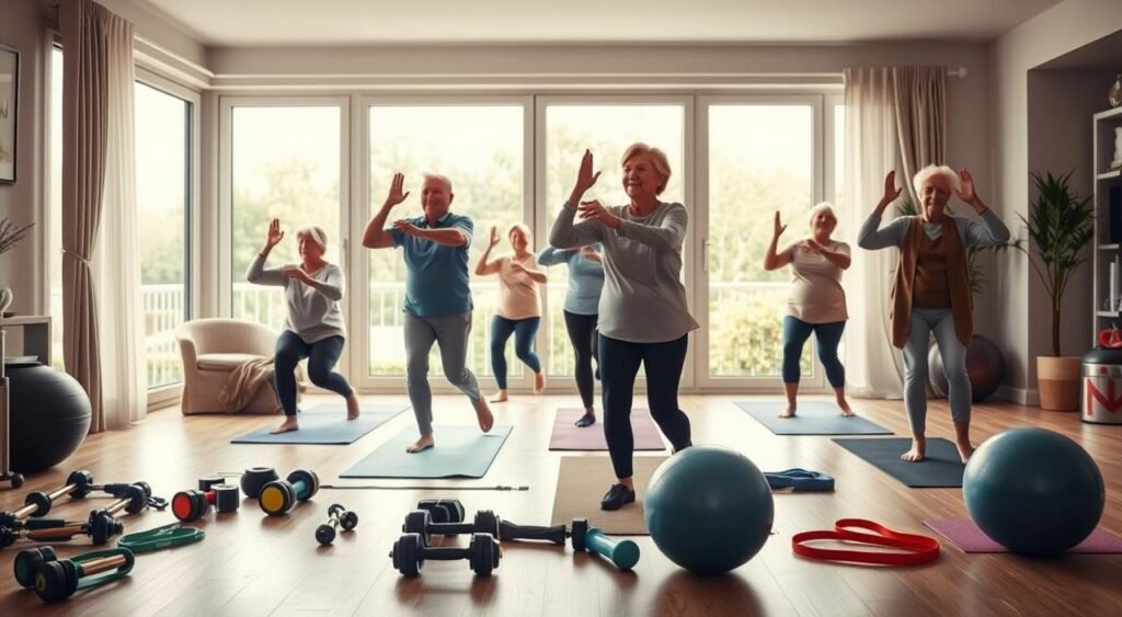 A cozy home interior with soft, diffused lighting. In the foreground, a group of elderly individuals performing gentle exercises on yoga mats, their movements graceful and deliberate. Mid-ground showcases a variety of exercise equipment like dumbbells, resistance bands, and stability balls. The background features a large window overlooking a peaceful outdoor scene, providing a serene and calming atmosphere. The overall mood is one of tranquility, comfort, and the empowerment of seniors maintaining their health and well-being within the familiar surroundings of their own home.