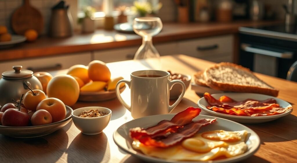 A cozy kitchen bathed in warm morning light, a steaming mug of freshly brewed coffee sitting atop a wooden table, surrounded by a spread of fresh fruits, whole grain toast, and a bowl of yogurt with granola. A plate of scrambled eggs and crisp bacon completes the hearty breakfast spread, inviting the viewer to savor the aroma and indulge in this nourishing start to the day. The scene exudes a sense of tranquility and mindfulness, capturing the importance of the morning meal as a foundational element of a healthy lifestyle.