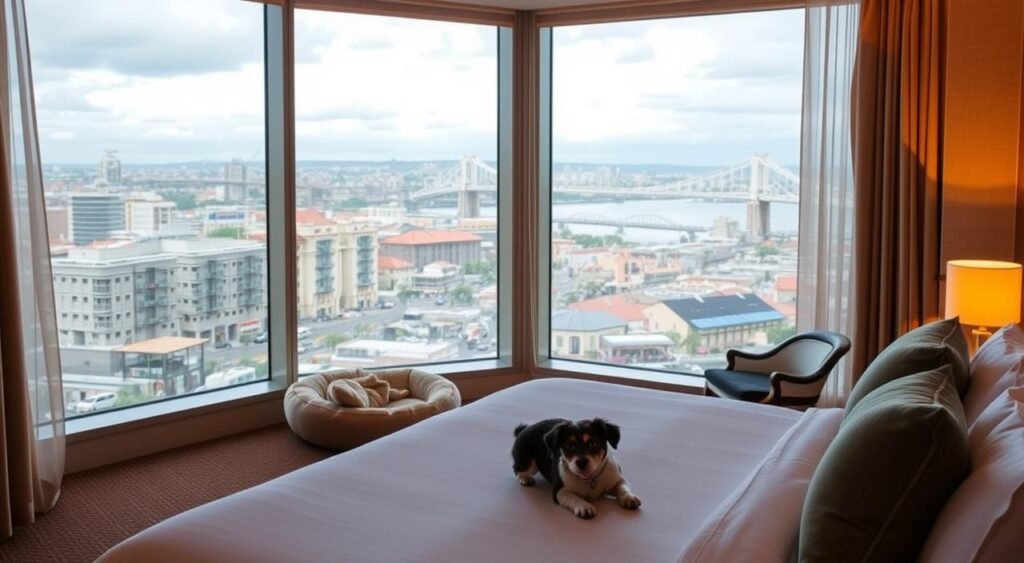 A cozy, modern pet-friendly hotel nestled in the vibrant city of Recife, Brazil. In the foreground, a well-appointed room with plush bedding, a stylish pet bed, and playful toys for a furry companion. Warm, diffused lighting casts a welcoming glow, while floor-to-ceiling windows offer a panoramic view of the bustling city in the middle ground. In the background, the iconic architecture of Recife's historic city center, including the striking Ponte Maurício de Nassau bridge. An atmosphere of relaxation and comfort, catering to both human and canine guests.