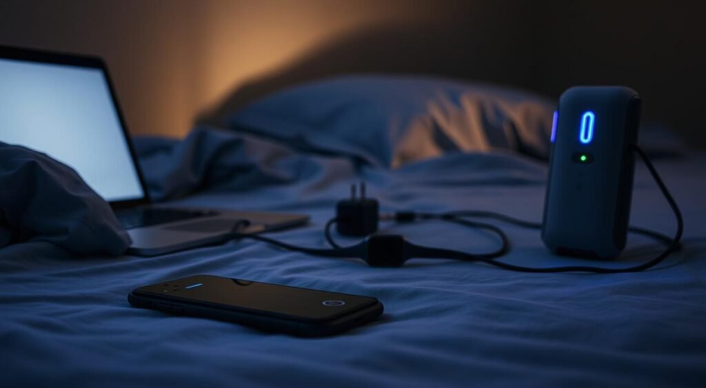 A dimly lit bedroom, the soft glow of a laptop's screen casting shadows on the bedsheets. In the foreground, a smartphone lies neglected, its blue light faintly pulsing. The middle ground features a tangle of cables, power adapters, and a smartwatch, symbols of our technological dependency. In the background, a sleek, futuristic-looking device emits a gentle hum, its LED indicators flashing rhythmically. The atmosphere is one of conflicting emotions - the allure of connectivity and the yearning for uninterrupted rest. The image conveys the delicate balance between technology's promises and its impact on the elusive, restorative power of sleep.