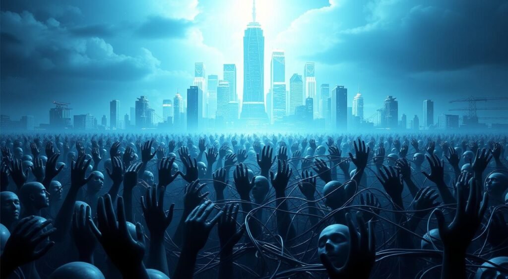 A dystopian vision of the Metaverse, with a towering holographic cityscape in the background, casting an ominous glow. In the foreground, a sea of disembodied heads and hands, representing the dehumanizing effects of virtual existence. The middle ground features a tangled web of data streams and cables, symbolizing the complex technological infrastructure that underpins the Metaverse. The lighting is a haunting, bluish hue, creating a sense of unease and uncertainty. The overall atmosphere conveys the challenges and concerns surrounding the Metaverse, its potential pitfalls, and the need for thoughtful navigation of this emerging digital frontier.