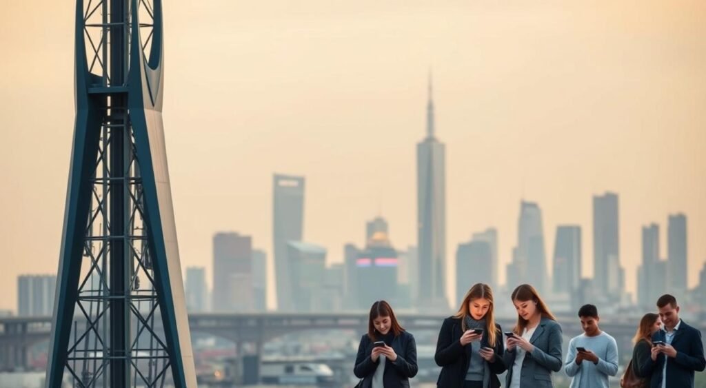 A futuristic 5G network tower stands prominently in the foreground, its sleek, angular design exuding a sense of technological sophistication. In the middle ground, a group of people interact with their mobile devices, their expressions focused and engaged, representing the seamless connectivity and security of the 5G network. The background is a cityscape, with skyscrapers and infrastructure bathed in a warm, subdued lighting, conveying a sense of progress and modernity. The overall scene evokes a secure and reliable 5G ecosystem, where privacy and data protection are seamlessly integrated into the user experience.