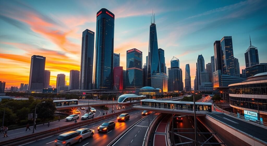 A futuristic city skyline at dusk, bathed in the warm glow of 5G connectivity. Towering skyscrapers with sleek, modern designs stand tall, their windows reflecting the vibrant colors of the evening sky. In the foreground, autonomous vehicles navigate the streets seamlessly, their LED headlights illuminating the scene. The middle ground features bustling pedestrian walkways and public transit hubs, where people move efficiently and connected through their smart devices. In the background, a network of smart infrastructure, from intelligent traffic signals to energy-efficient buildings, creates a harmonious and sustainable urban landscape. The overall atmosphere conveys a sense of progress, technological advancement, and enhanced urban connectivity, perfectly reflecting the power of 5G to transform modern cities.