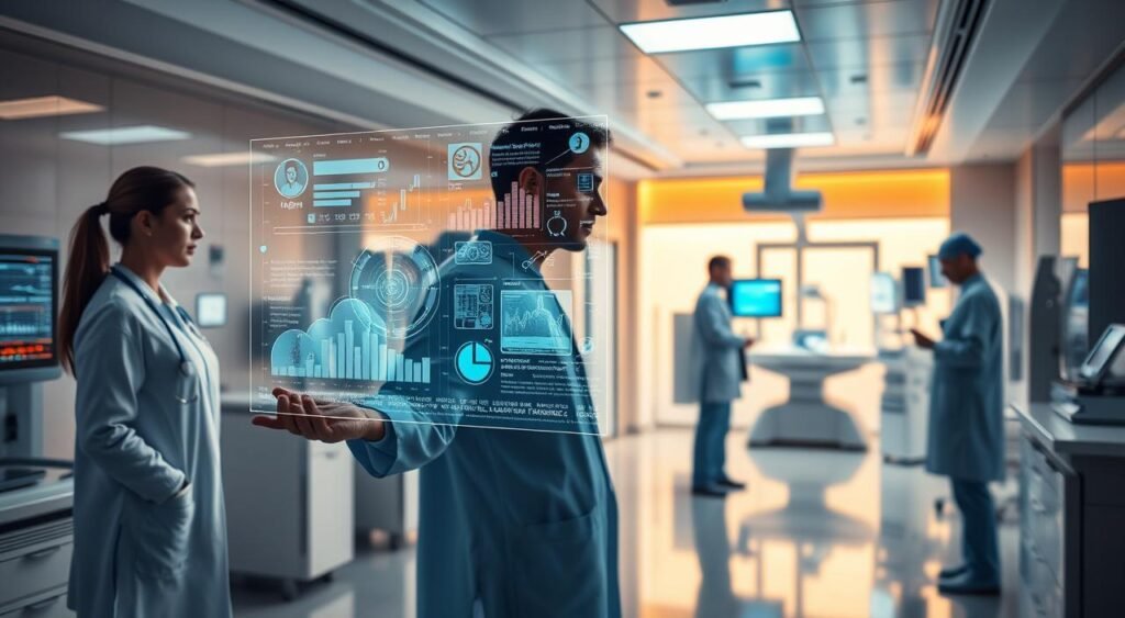 A futuristic, high-tech medical scene showcasing the transformative impact of AI on healthcare. In the foreground, a holographic display hovers, revealing real-time patient data and diagnostic insights. In the middle ground, medical professionals interact with intuitive, AI-powered interfaces, seamlessly coordinating care. The background features state-of-the-art medical equipment and a sleek, minimalist hospital environment bathed in warm, diffused lighting. The overall atmosphere conveys a sense of innovation, efficiency, and the seamless integration of advanced technology into the healthcare ecosystem.