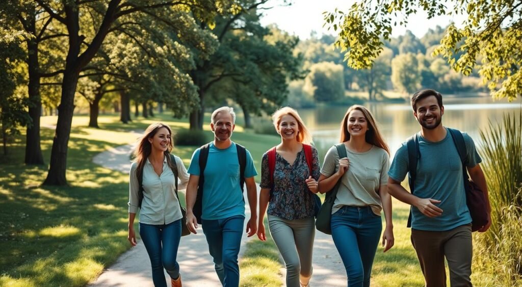 A group of friends embarking on a leisurely walking expedition through a picturesque park. In the foreground, four individuals stroll together, their faces brimming with joy and camaraderie. Midground, the path winds through lush greenery, dappled sunlight filtering through the canopy of trees. In the background, a serene lake reflects the tranquil scene, its calm waters complementing the relaxed atmosphere. The lighting is soft and natural, casting a warm, golden glow over the entire composition. Captured with a wide-angle lens to convey a sense of community and shared experience, this image perfectly encapsulates the social benefits of daily walks.