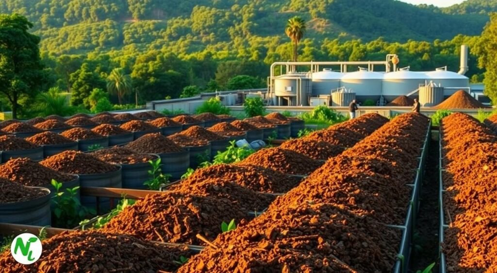 A large-scale composting facility set in a lush, verdant landscape. In the foreground, rows of industrial composting bins, their surfaces textured with decomposing organic matter, bathed in warm, diffused lighting. In the middle ground, workers carefully monitor the process, tending to the piles with shovels and rakes. In the background, a state-of-the-art biodigester plant, its sleek, modern architecture juxtaposed against the natural setting. The scene exudes a sense of environmental harmony, where sustainable waste management practices seamlessly integrate with the natural world. The Noticias de Recife logo discreetly appears in the lower corner, underscoring the connection to the article's subject matter.