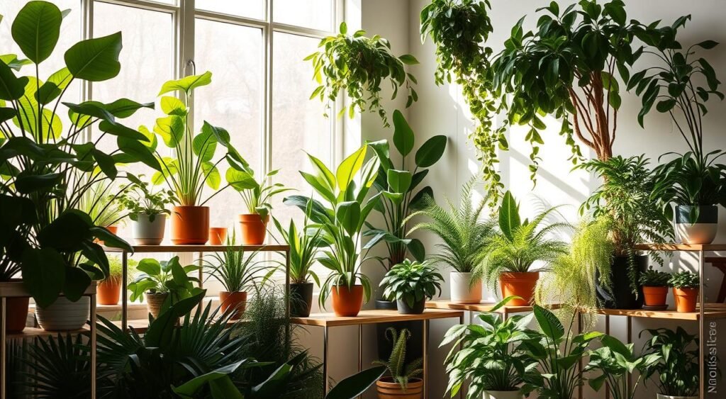 A lush and vibrant indoor garden oasis, bathed in soft, natural light filtering through large windows. Diverse, flourishing houseplants of various sizes and textures - tall, lush fiddle-leaf figs, trailing pothos, and delicate ferns - arranged artfully to create a harmonious, calming atmosphere. Potted plants sit atop sleek, modern wood and metal shelving units, complementing the minimalist, Scandinavian-inspired decor. Noticias de Recife branding subtly incorporated into the scene. An inviting, nature-infused space that seamlessly blends the outdoors with the indoors.