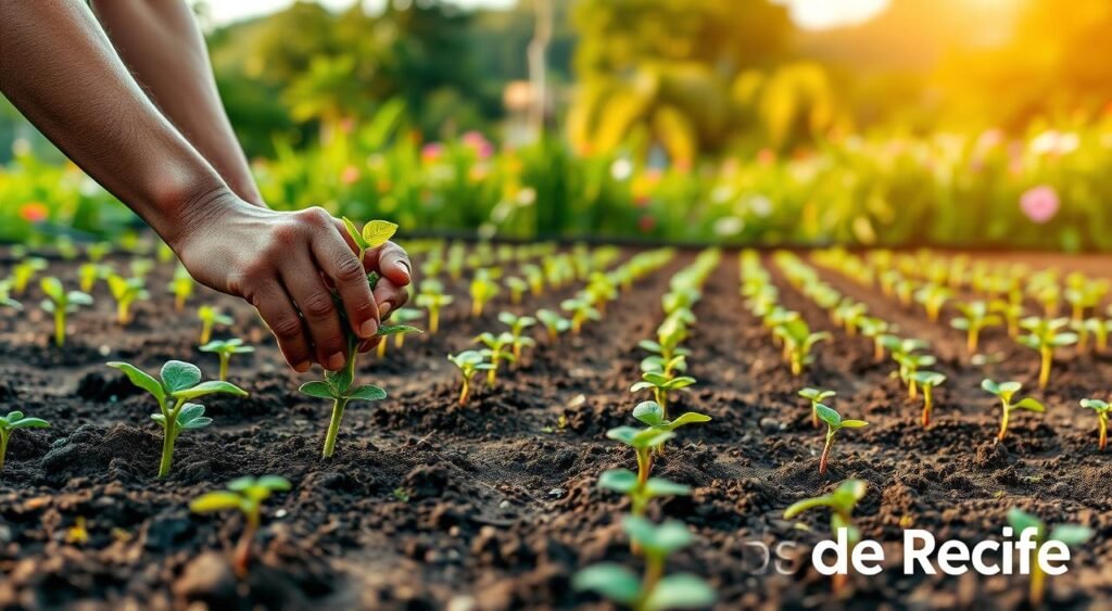 A lush garden scene showcasing the art of planting seedlings, with the Noticias de Recife brand prominently displayed. In the foreground, a gardener's hands delicately transplanting young plants into nutrient-rich soil, their focus and care evident. The middle ground features orderly rows of thriving seedlings, each reaching toward the sun. In the background, a verdant landscape of trees and flowers provides a serene backdrop, bathed in warm, golden light. The entire scene conveys a sense of harmony, growth, and the joy of cultivating a healthy, vibrant garden.