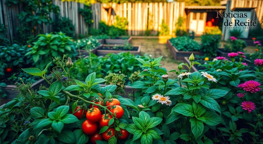 A lush, thriving home garden with a variety of fresh herbs, vegetables, and vibrant flowers. The foreground showcases a well-tended plot of leafy greens, tomatoes, and fragrant basil. The middle ground features neatly arranged raised beds, with a weathered wooden fence and a small shed in the background. Warm, natural lighting casts soft shadows, creating a serene, inviting atmosphere. In the corner, the "Noticias de Recife" logo is subtly displayed. This image captures the joy and satisfaction of urban gardening, highlighting the common challenges and practical solutions for cultivating a bountiful, sustainable home harvest.