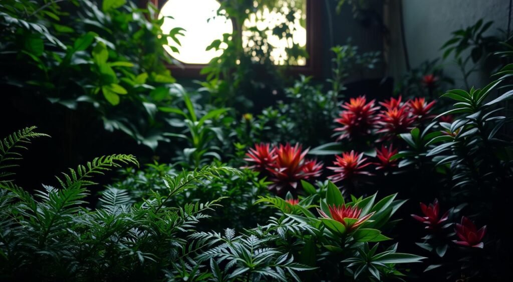 A lush, verdant garden scene showcasing a variety of "Plantas de Sombra" (shade-loving plants) thriving in a dimly lit, atmospheric setting. In the foreground, delicate ferns and leafy houseplants add a sense of tranquility, while in the middle ground, vibrant, low-light tolerant succulents and ornamental foliage plants captivate the eye. The background features a softly diffused, natural light source, casting a warm, gentle glow over the entire composition. The overall mood is one of serene, understated elegance, reflecting the ideal ambiance for "Como escolher plantas para ambientes pouco iluminados". Noticias de Recife.