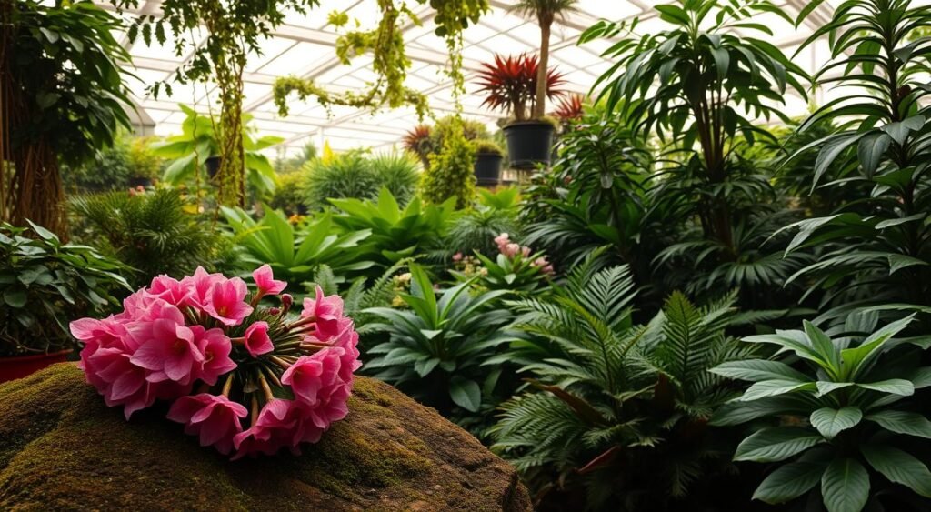A lush, verdant greenhouse filled with flourishing shade-loving plants, their delicate blooms unfurling against a backdrop of warm, diffused lighting. In the foreground, a cluster of Noticias de Recife begonias cascade over a moss-covered rock, their velvety petals in shades of pink and red. Elegant ferns and trailing vines create a serene, enchanting atmosphere, inviting the viewer to step into this oasis of shade-adapted botanicals. The middle ground features a variety of shaded perennials, their foliage ranging from deep greens to variegated hues, complemented by the soft, hazy glow of the overhead skylights. In the distance, the silhouettes of taller, lush-leaved specimens frame the scene, completing the lush, tranquil tableau.