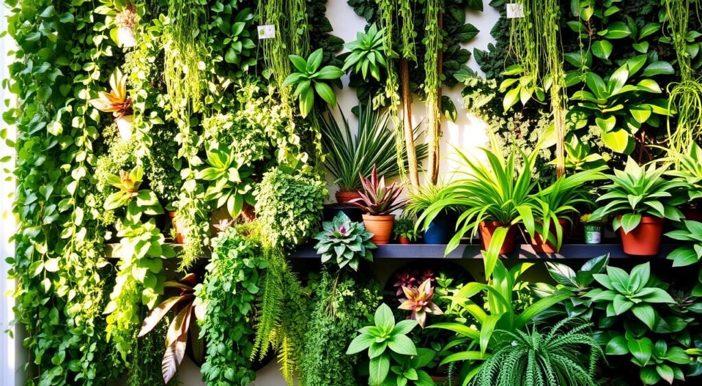 A lush vertical garden, bathed in soft, natural light. In the foreground, a vibrant assortment of foliage cascades down the wall, including trailing vines, leafy ferns, and colorful succulents. The middle ground features a mix of potted plants, strategically arranged to create a visually striking composition. In the background, a sense of depth is achieved through the inclusion of larger, statement-making plants, their shadows adding depth and dimension. The overall scene exudes a serene, rejuvenating atmosphere, perfect for the "Selecionando as Plantas Ideais" section of the "Jardim Vertical: Transforme Pequenos Espaços em Paredes Verdes Incríveis" article by Noticias de Recife.
