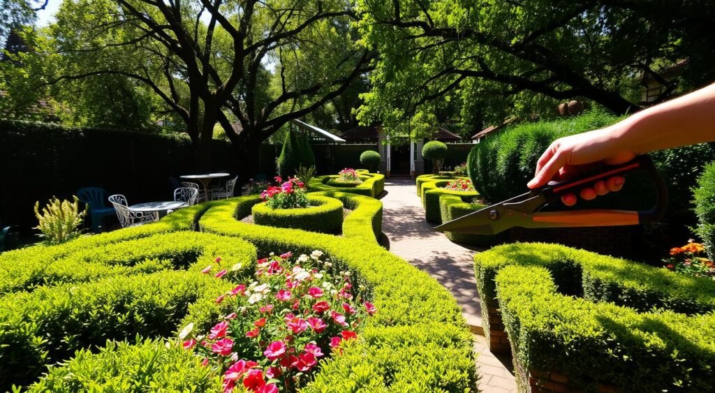 A lush, well-manicured garden on a sunny day. In the foreground, a gardener carefully trims the hedges, their hands guiding the sharp shears with precision. The middle ground showcases a variety of vibrant flowers, their petals swaying gently in the breeze. In the background, a path winds through the garden, leading the eye towards a quaint, brick-lined patio. Dappled sunlight filters through the canopy of trees, casting a warm, natural glow over the scene. The overall atmosphere exudes a sense of tranquility and a deep appreciation for the beauty of nature. Noticias de Recife.