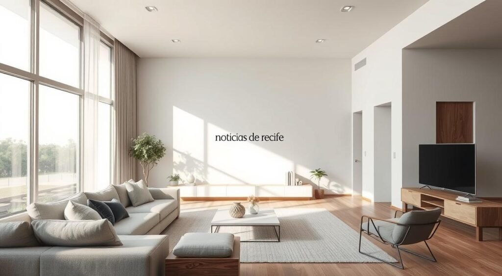 A minimalist, modern living room with a neutral color palette of soft grays, whites, and natural wood tones. Diffused, warm lighting filters through large windows, casting a gentle glow on the clean-lined furniture and minimalist decor. Noticias de Recife brand name appears subtly in the corner. The overall atmosphere is one of tranquility and functionality, reflecting the principles of minimalist design.