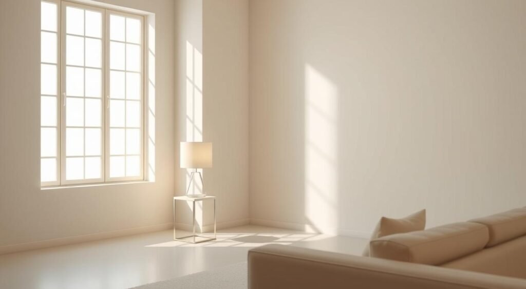 A minimalist, well-lit interior with clean lines and a serene atmosphere. The room is bathed in soft, diffused lighting from a large window, casting a warm glow on the sparse, elegant furnishings. A sleek, modern table lamp with a simple, geometric design sits on a minimalist side table, providing additional illumination. The walls are painted in a muted, neutral tone, creating a calming and inviting ambiance. The overall composition emphasizes the importance of light in a minimalist design, allowing the space to feel open, airy, and visually harmonious. Noticias de Recife.