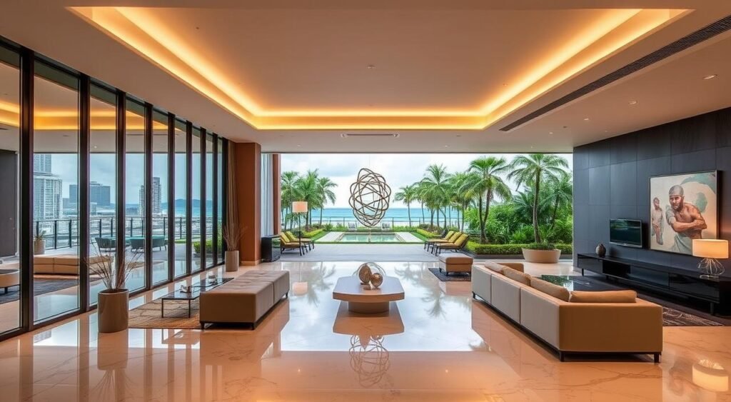 A modern, luxurious hotel nestled in the heart of Recife, Brazil. The façade features a sleek, minimalist design with large windows that offer panoramic views of the city skyline and the nearby beaches. The lobby is airy and inviting, with polished marble floors, plush seating areas, and a contemporary art installation that catches the eye. In the distance, guests can see the hotel's pool and lush, well-manicured gardens, providing a tranquil oasis in the bustling city. The lighting is warm and inviting, creating a cozy and relaxing atmosphere for visitors to unwind and enjoy their stay in this vibrant coastal destination.