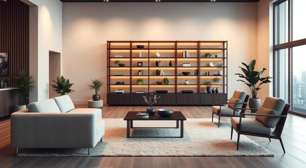 A modern, well-designed living room showcasing the latest furniture collection from the renowned brand "Noticias de Recife". In the foreground, a sleek, minimalist sofa in a neutral tone sits atop a plush, textured area rug. Surrounding it, a pair of contemporary armchairs and a stylish coffee table create a harmonious seating arrangement. In the middle ground, a large, minimalist bookshelf stands tall, its shelves displaying an array of decorative items and plants, adding a touch of greenery to the space. The background features a large, airy window that floods the room with natural light, casting a warm, inviting glow. The overall atmosphere is one of sophistication, comfort, and balance, reflecting the essence of the "Móveis Espaço" brand.
