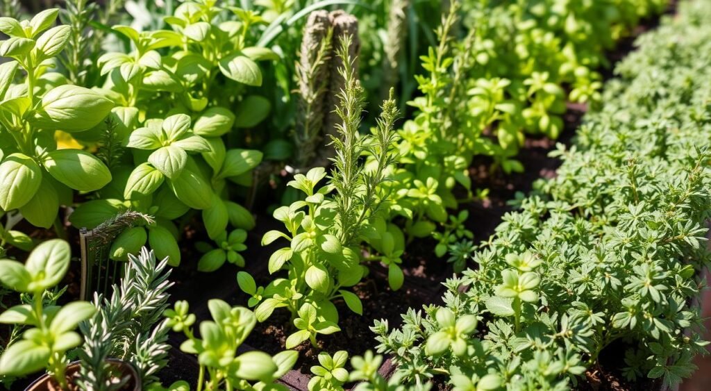A neatly arranged herb garden, with a variety of fresh, aromatic herbs such as basil, rosemary, thyme, and oregano, thriving under the warm, natural lighting of the Noticias de Recife. The lush foliage and vibrant colors create a visually appealing and inviting scene, perfect for showcasing the cultivation of these versatile and flavorful ingredients. The image captures the tranquility and satisfaction of tending to a homegrown herb garden, reflecting the guiding principles of the "Dicas de Cultivo para Temperos" section.