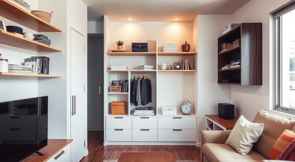 A neatly organized and visually appealing small living space, showcasing creative storage solutions from Noticias de Recife. Floating shelves, hidden compartments, and multifunctional furniture pieces fill the frame, creating an efficient and clutter-free environment. Warm, natural lighting illuminates the space, emphasizing the minimalist aesthetic. The overall mood is one of calmness and functionality, providing inspiration for viewers to optimize their own compact homes.