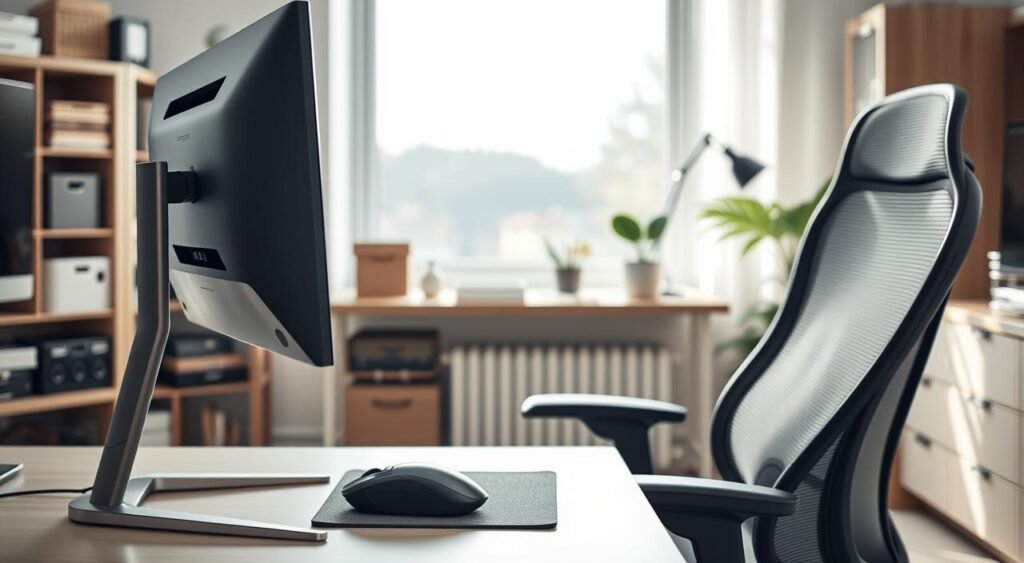 A neatly organized home office with a desk, chair, and various ergonomic accessories. In the foreground, a sleek, adjustable monitor stand, a wireless ergonomic mouse, and a wrist support pad. In the middle ground, a high-quality, contoured office chair with lumbar support and a breathable mesh backrest. The background features a bookshelf with organizational supplies and a large window that allows natural light to flood the space, creating a calming and productive atmosphere. The lighting is soft and diffused, enhancing the modern, minimalist aesthetic. The entire scene conveys a sense of thoughtful, ergonomic design that prioritizes comfort and well-being for the office worker.