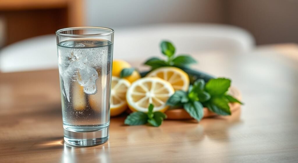 A serene and tranquil still life scene depicting the benefits of water. In the foreground, a glass of clear, sparkling water sits on a smooth, wooden table, casting delicate reflections. In the middle ground, an array of fresh fruits and vegetables - slices of lemon, cucumber, and mint leaves - create a vibrant, hydrating arrangement. The background is softly blurred, with a warm, natural lighting that casts a soothing glow across the scene. The overall mood is one of mindfulness, wellness, and the simple pleasures of staying hydrated throughout the day.