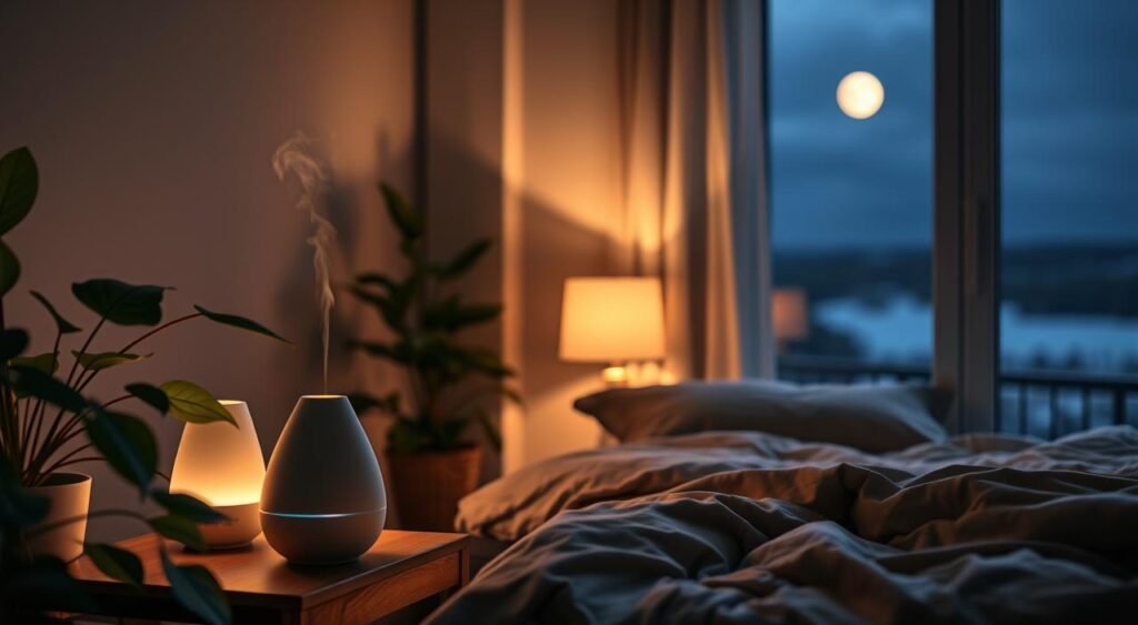 A serene bedroom scene, dimly lit with soft, warm lighting. In the foreground, a bedside table holds a diffuser, gently releasing fragrant essential oils into the air. Lush, green plants adorn the space, adding a touch of natural tranquility. The bed, dressed in cozy, earthy-toned linens, invites the viewer to sink into its comfort. Through the window, a peaceful, moonlit landscape is visible, hinting at the restorative power of sleep. The overall atmosphere is one of calming, holistic wellness, perfectly capturing the essence of "Aromaterapia e sono."