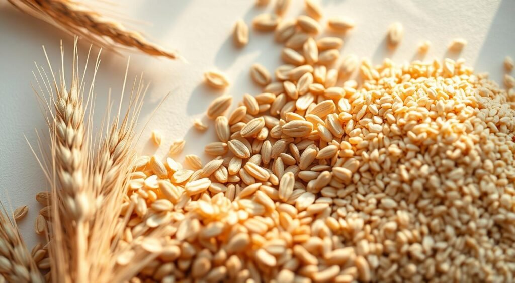 A serene close-up of a variety of whole grains - including wheat, barley, oats, and quinoa - arranged in a natural, calming composition. The grains are illuminated by soft, warm lighting, casting gentle shadows and highlighting their earthy textures. The image has a soothing, natural atmosphere, conveying a sense of tranquility and stress relief. The grains are set against a clean, neutral background, allowing them to be the focal point. The overall presentation is both visually appealing and informative, capturing the essence of "whole grains" as a stress-relieving food.
