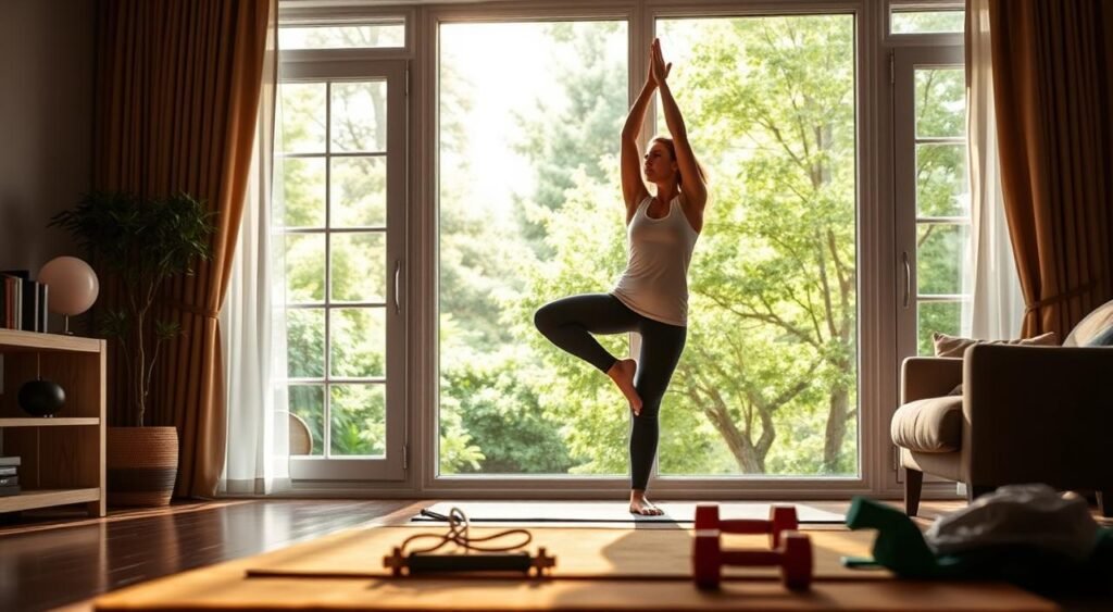 A serene home setting, bathed in warm, natural lighting. In the foreground, a person performs a gentle yoga pose, their movements fluid and graceful. The middle ground features simple fitness equipment like resistance bands and dumbbells, neatly arranged. In the background, large windows overlook a lush, verdant garden, creating a calming, inviting atmosphere. The overall scene conveys a sense of mindfulness, tranquility, and a commitment to personal wellness, inspiring the viewer to maintain their motivation for light, at-home exercises.