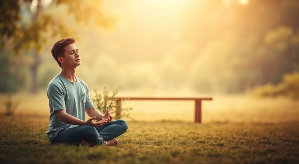 A serene, minimalist landscape with a calming atmosphere. In the foreground, a person sits cross-legged, eyes closed, hands resting gently on their lap, embodying a sense of mindfulness and inner peace. The middle ground features a few lush, verdant plants and a simple wooden bench, inviting the viewer to pause and reflect. The background showcases a soft, blurred natural setting, perhaps a gentle forest or tranquil garden, bathed in warm, diffused lighting that creates a soothing, therapeutic ambiance. The overall composition conveys a harmonious, introspective mood, visually representing the importance of mental well-being and self-care.