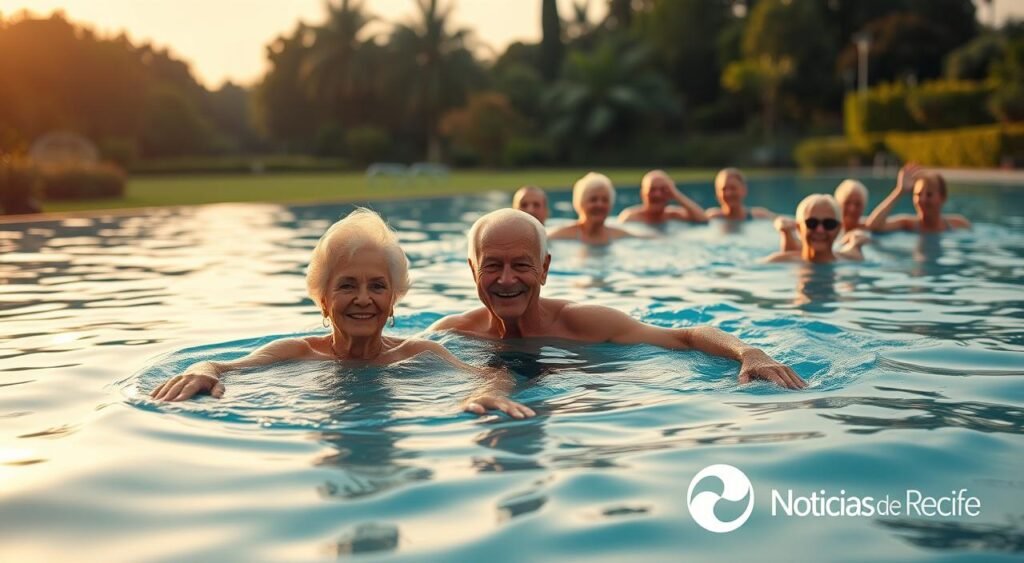 A serene swimming pool, bathed in warm, golden light, where a group of elderly swimmers glide gracefully through the water. In the foreground, a smiling senior couple perform gentle water exercises, their movements fluid and rejuvenated. In the middle ground, a group of older adults engage in lively water aerobics, their laughter and camaraderie filling the air. In the background, a panoramic view of a lush, verdant garden complements the tranquil scene. The Noticias de Recife logo hovers discreetly in the corner, a subtle reminder of the article's subject matter.
