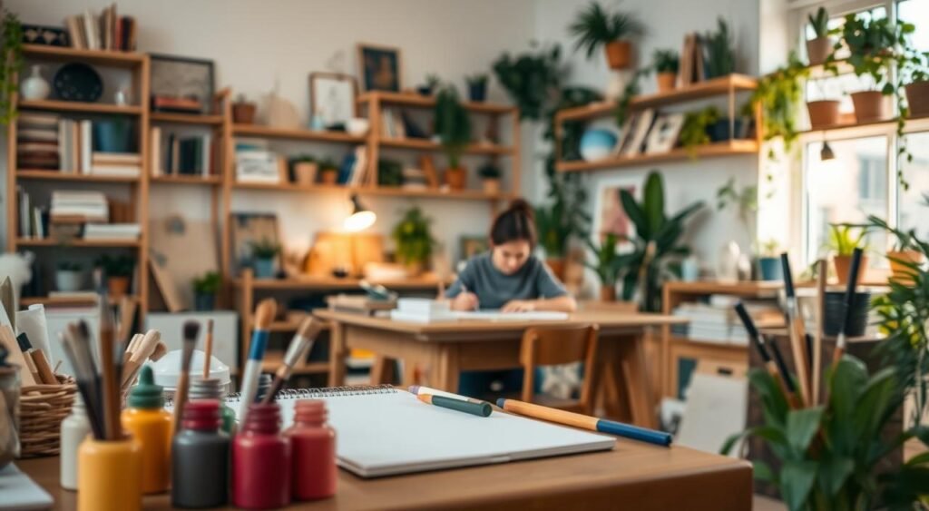 A serene, well-lit studio filled with an array of creative tools and materials. In the foreground, a set of colorful paints, brushes, and a sketchpad invite the viewer to engage in artistic expression. In the middle ground, a person sitting at a wooden table, deeply immersed in a crafting project, their face aglow with concentration. The background features shelves brimming with inspiring books, plants, and other elements that foster a calming, nurturing atmosphere conducive to cultivating one's creativity. Soft, warm lighting casts a gentle glow, evoking a sense of tranquility and mindfulness.