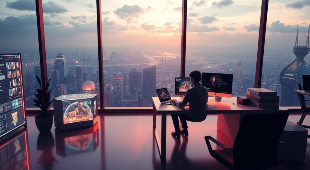 A serene workspace within the Metaverse, bathed in warm, diffused lighting. In the foreground, a digital avatar sits comfortably at a sleek, minimalist desk, immersed in a virtual display. The middle ground features holographic interfaces and ambient digital elements, seamlessly blending the physical and virtual realms. In the background, a panoramic window reveals a breathtaking, ever-changing Metaverse landscape, where futuristic skyscrapers and lush, imaginative environments coexist. The scene conveys a sense of productivity, tranquility, and the seamless integration of work and the digital world.