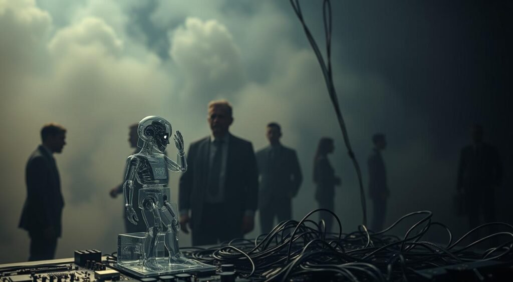 A thought-provoking scene depicting the ethical challenges of AI. In the foreground, a transparent android figure ponders a complex array of circuits and wiring, symbolizing the intricate inner workings of AI systems. In the middle ground, shadowy human silhouettes grapple with the implications, their expressions reflecting concern and uncertainty. The background is shrouded in a hazy, dystopian atmosphere, hinting at the uncharted territory and potential risks of this rapidly evolving technology. Dramatic cinematic lighting casts dramatic shadows, emphasizing the gravity of the subject matter. Captured with a wide-angle lens to convey a sense of scale and the magnitude of the issues at hand.