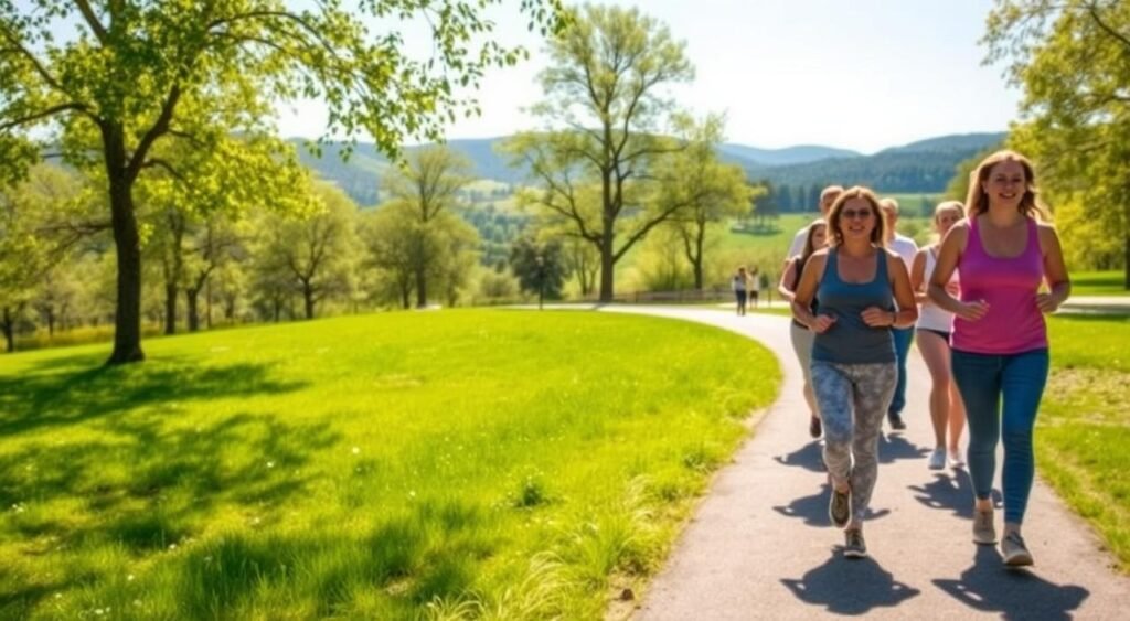 A tranquil park scene with lush greenery and a winding path. In the foreground, a group of people of various ages and body types are engaged in a leisurely walking exercise, their faces filled with a sense of contentment and purpose. The middle ground showcases the path leading deeper into the park, with dappled sunlight filtering through the trees. In the background, rolling hills and a clear blue sky create a serene, calming atmosphere. The overall scene conveys the benefits of daily walking as a means of weight loss and improved physical and mental well-being.