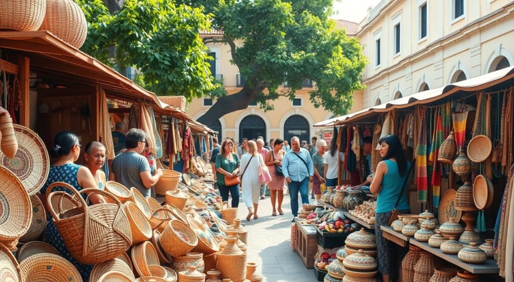 A vibrant, artisanal market scene in Recife, Brazil. In the foreground, a colorful display of locally crafted items - intricate woven baskets, handmade ceramics, and vibrant textiles. Artisans stand behind their stalls, showcasing their wares. In the middle ground, shoppers browse the diverse selection, immersed in the bustling atmosphere. The background features the distinct colonial architecture of Recife, with its pastel-colored buildings and lush, verdant foliage. Warm, natural lighting bathes the scene, creating a welcoming and authentic ambiance. This image captures the essence of Recife's rich cultural heritage and the vibrant local artisanry that thrives within it.