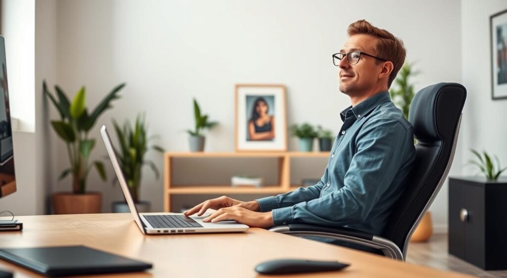 A well-lit office interior with a desk and chair in the foreground. A person sitting upright in the chair, laptop open, hands on the keyboard, shoulders relaxed, and head positioned at a slight upward angle to maintain eye contact with the camera during a video conference. The background features a minimalist decor with plants and artwork, creating a professional yet comfortable atmosphere. The lighting is soft and diffused, accentuating the subject's proper posture and creating a sense of focus and engagement.