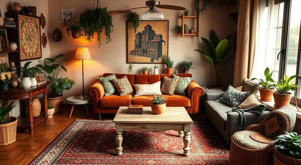 Decoração boêmia: A cozy, inviting living room with a harmonious blend of rich textures, vibrant colors, and eclectic accents. Warm lighting casts a soft glow, illuminating a plush velvet sofa, patterned rugs, and an array of potted plants. Vintage-inspired side tables, a distressed wooden coffee table, and a mix of throw pillows create a stylish, lived-in ambiance. Noticias de Recife