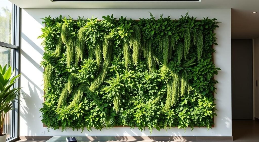 Meticulously crafted vertical garden installation on a sleek, modern interior wall. Lush, verdant foliage cascades elegantly, framed by clean, minimalist design. Soft, natural lighting illuminates the scene, casting gentle shadows that accentuate the textures. A harmonious blend of nature and architecture, this Noticias de Recife composition showcases the versatility of vertical gardening, transforming a bare wall into a captivating, living centerpiece.