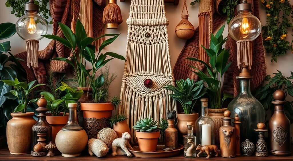 Noticias de Recife - An ornate arrangement of decorative elements in a boho-chic style. A centerpiece of intricately woven macrame, accented with lush greenery, terracotta pots, and tactile textiles. Warm lighting casts a cozy glow, highlighting the rich colors and textures. Vintage glass bottles, carved wooden trinkets, and metallic accents add layers of visual interest. The composition has a relaxed, lived-in feel, inviting the viewer to linger and appreciate the eclectic, personalized details. This stylish vignette captures the essence of the "Elementos Decorativos e Acessórios" section, embodying the bohemian-inspired charm of the article's subject.